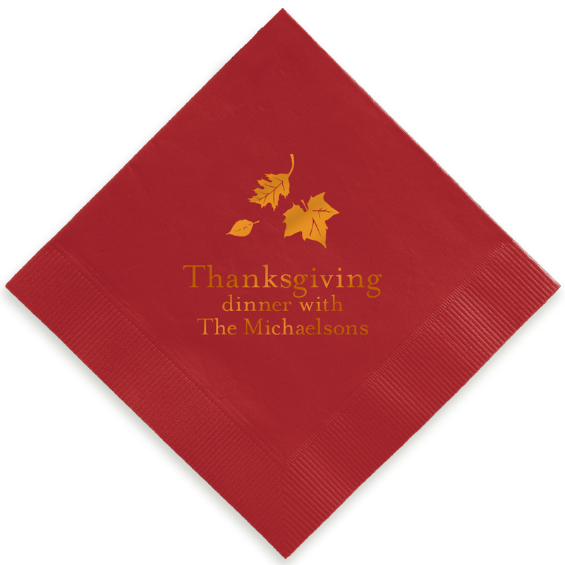 Autumn Foil-Pressed Napkin offers fall-themed motifs and up to 3 lines of personalized text