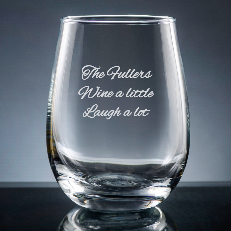 Personalize an engraved stemless wineglass from giftsin24.com