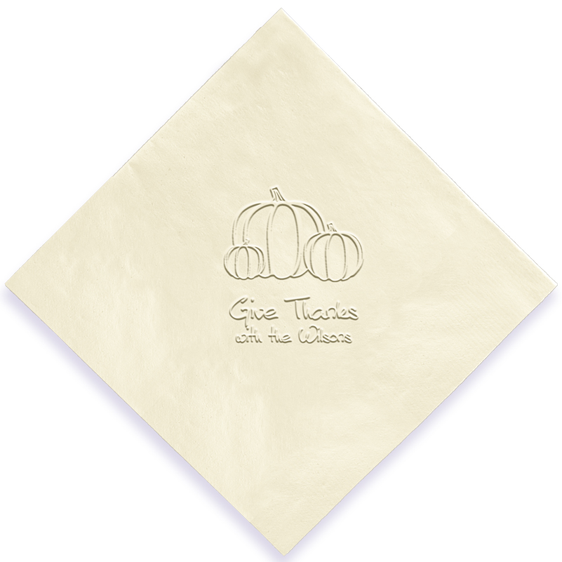Autumn Napkin on ivory paper with embossed pumpkin motif and personalization. Perfect for Thanksgiving. 