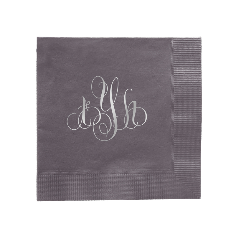 Elise Monogram napkin in grey paper with a silver foil monogram. Simply elegant.