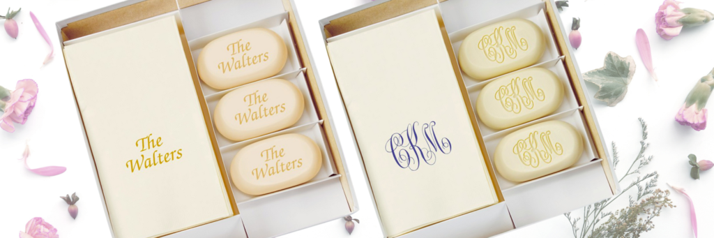 Gift Sets of three bars of engraved soaps and 25 printed guest towels