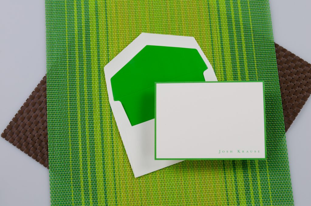 Torreon Correspondence Card featuring the new Emerald border color and matching envelope lining.