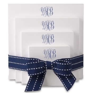 Delavan Monogram 4-Tablet Set - White with Navy Blue Stitched Ribbon